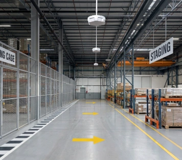 Interní RFID kontrolní bod ve skladu se systémem Zebra ATR7000 pro sledování pohybu mezi zónami.